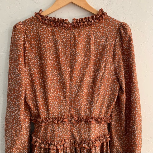 Lulu’s Admire You Orange Brown Floral Print Ruffled Long Sleeve Mini Dress M - Picture 9 of 10